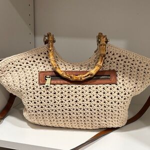 Elegant Cream Crochet Bag with Bamboo Handles